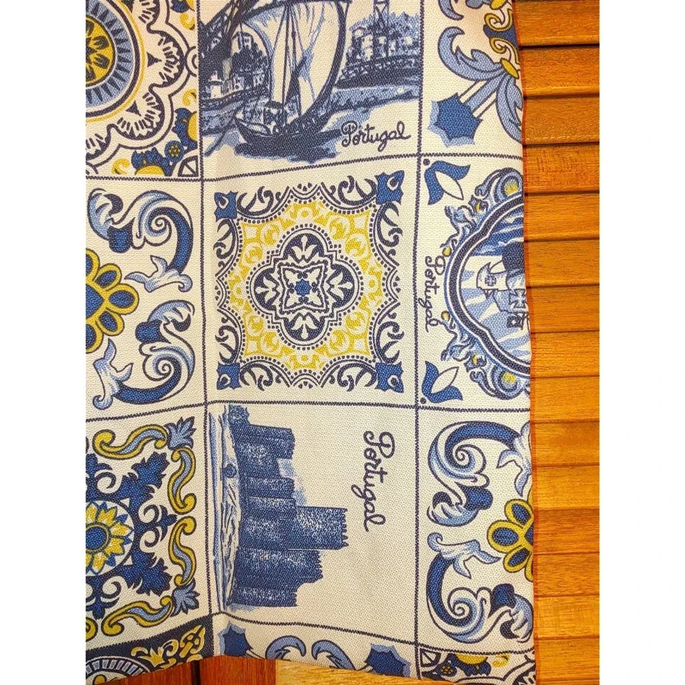Portuguese Cotton Tote Bag Azulejo Tile Print OS Blue Yellow Excellent Condition